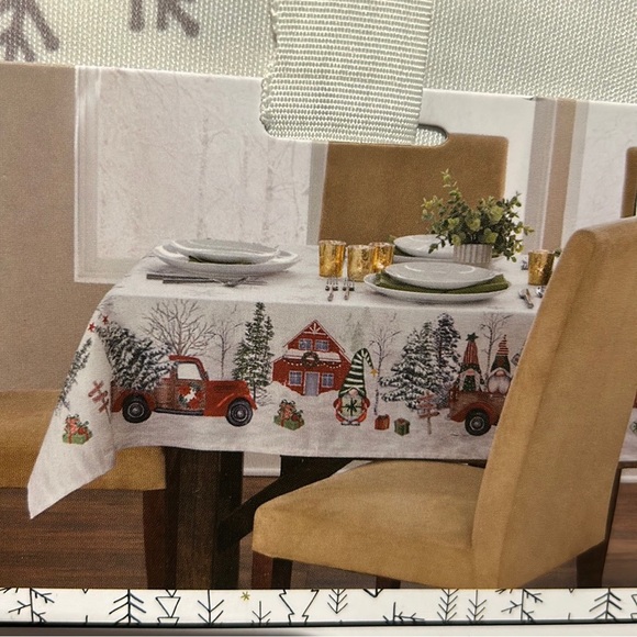 Nicole Miller Tablecloth Christmas Tress Holiday Gnome Red Truck 60”x84” New - Picture 3 of 4